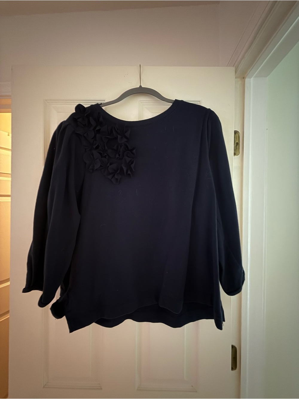 Chico's Black Floral-Appliqué 3/4 Sleeve Blouse